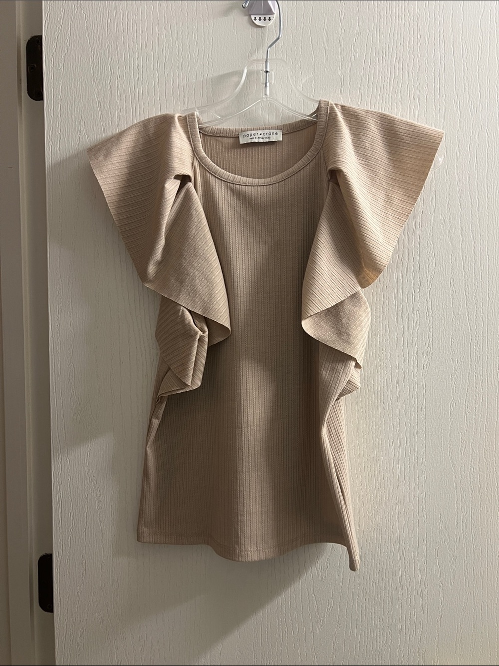 Paper Crane Beige Ruffle Sleeve Tank Top